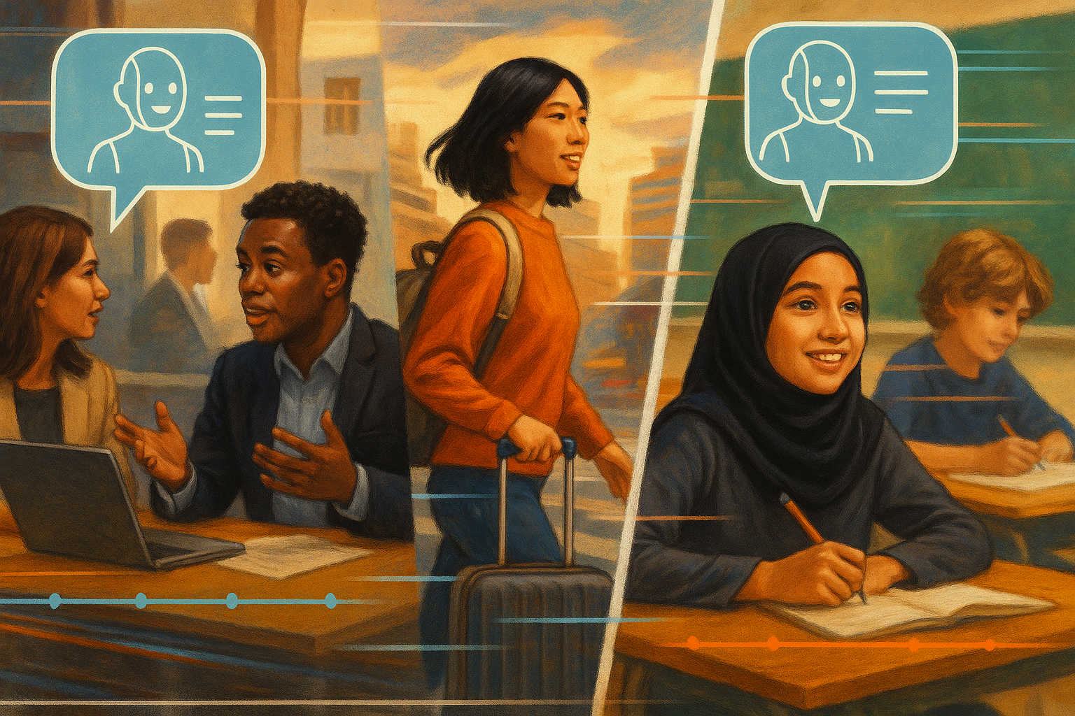 Children learning languages with a friendly AI robot tutor and playful holographic letters.